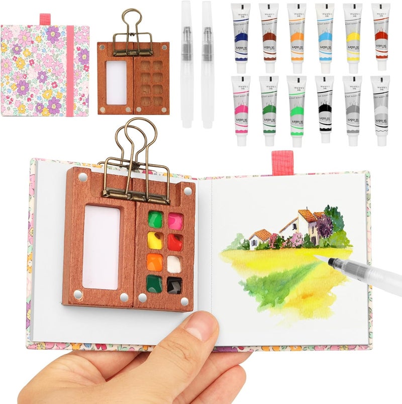 BLSFXROE Travel Watercolor Set，Mini Paint Palette Travel kit，Mini Water Color Paint Set，Wooden 8 Grid Paint Box,12 Colors Small Watercolor Sketchbook for Artists Painters Students(Pink) - Image 1